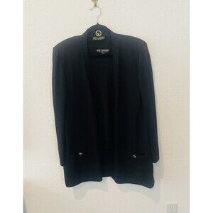 St John Basics Black Santana Knit Two Piece Sweater Set Open Front Cardigan L